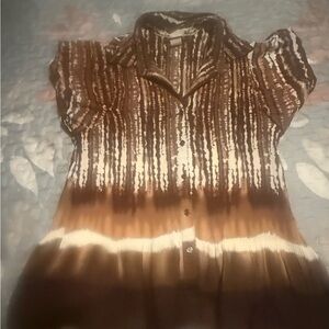 Brown Tie-Dye Short Sleeve Button Front Tunic Top